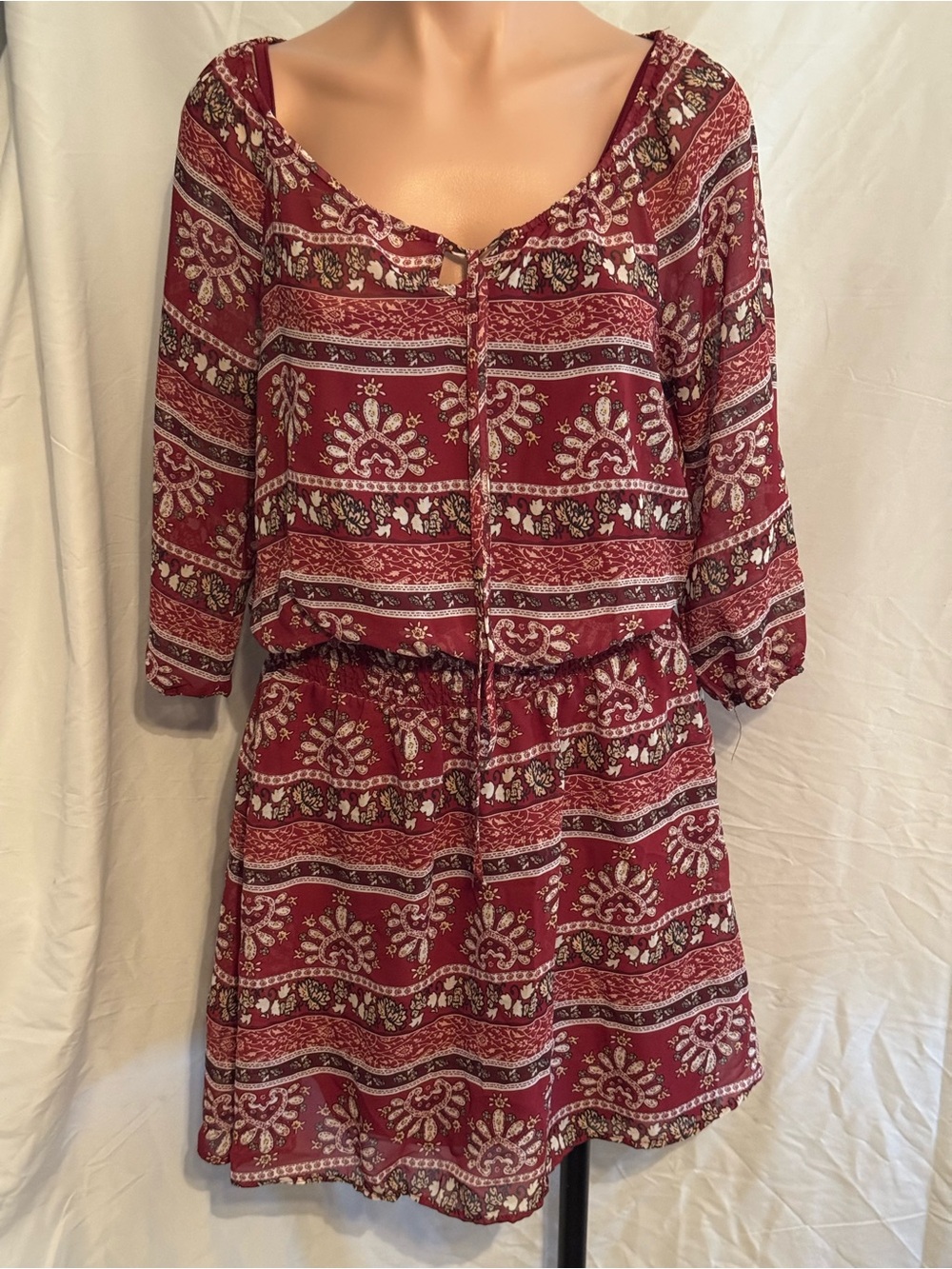 Boho Rust Red Printed Peasant Dress With Built In Halter Top